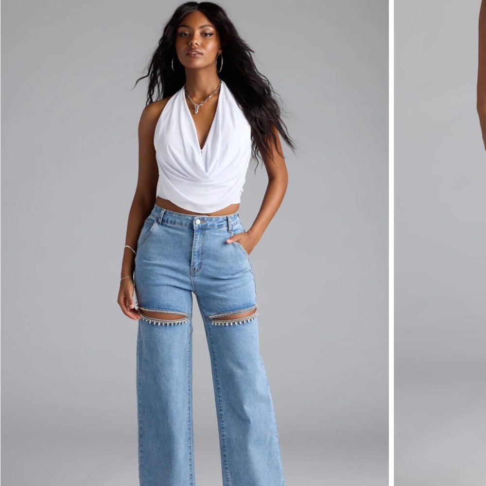 Windsor Blue Straight Leg Jeans with Cut-Out Accents